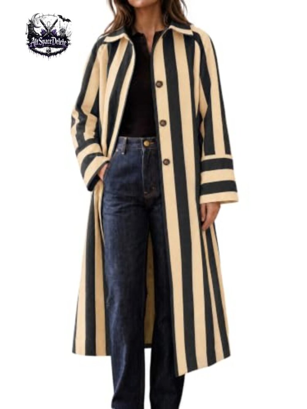 Cicy Bell Womens Striped Long Trench Coat Oversized Button Front Lapel Fall